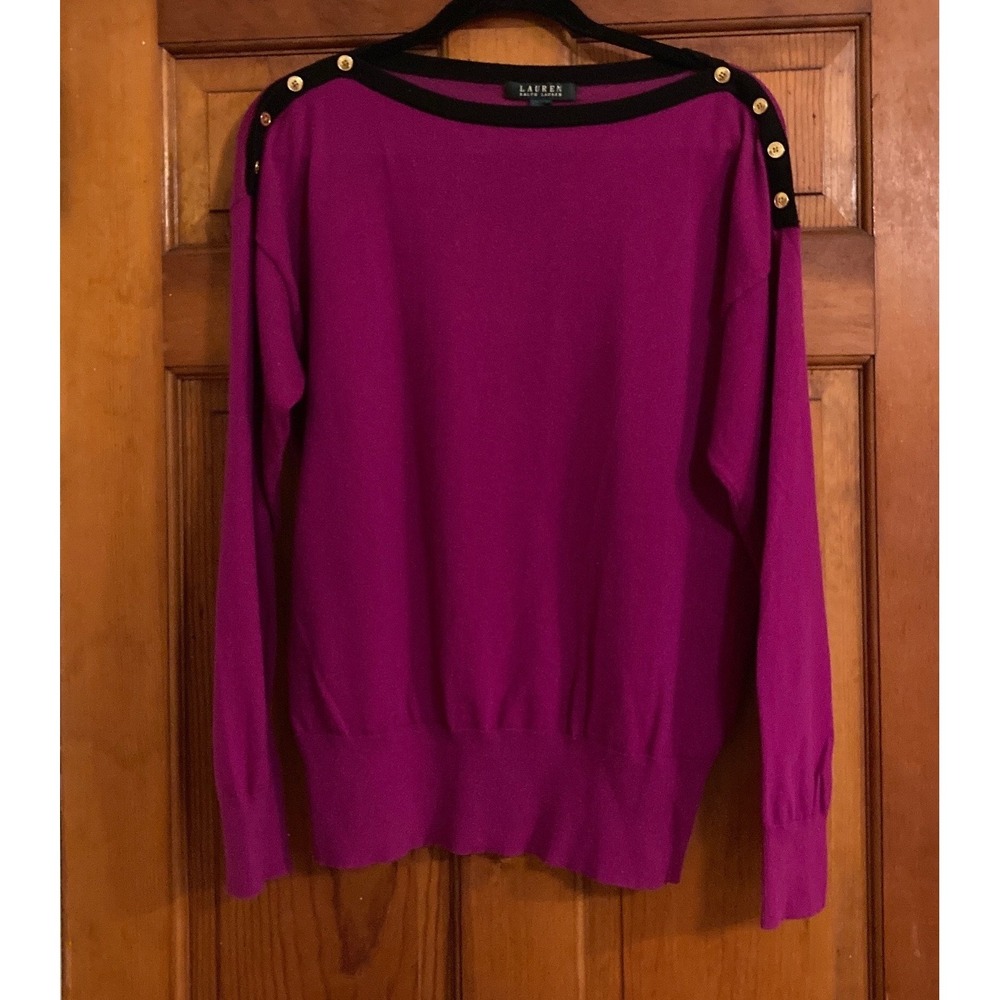 Lauren Ralph Lauren Womens XL Purple Gold Button Shoulder Boat Neck Sweater